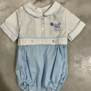 Blue and White Baby Romper with Bunny Embroidery